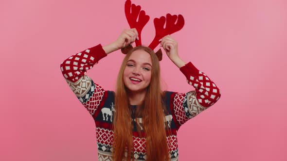 Young Adult Girl in Christmas Deer Antlers Listening Music Dancing Disco Fooling Around Having Fun