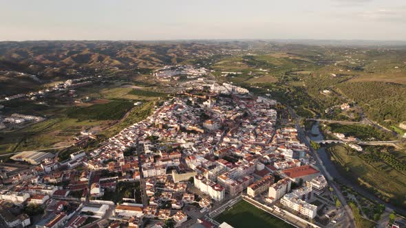 Aerial flyover of the Portuguese city of Silves in the Algarve region