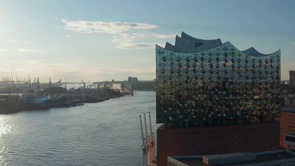Aerial View of Elbphilharmonie and Speicherstadt Warehouses By the River Elbe in Hamburg Germany