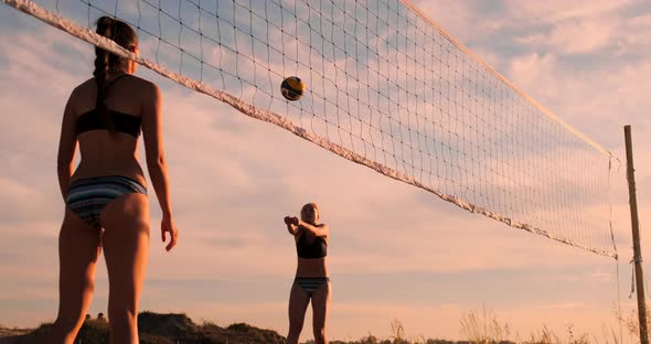 Young Female Volleyball Players Pass and Spike the Ball Over the Net on a Sunny Summer Evening. Fit