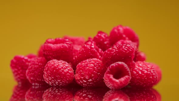 Closeup of Rotating Ripe Red Raspberry Isolated on Yellow Background Making Jam of Fruits and