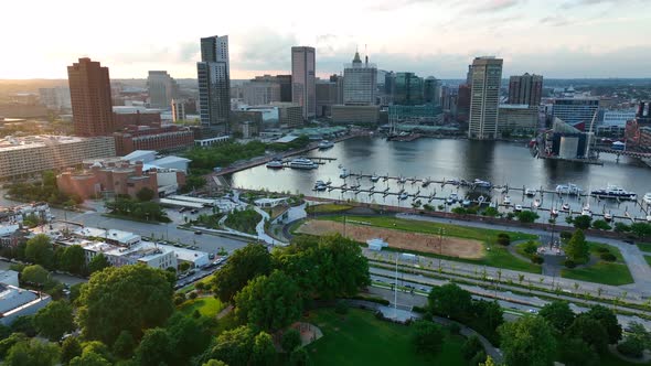 Federal Hill neighborhood and Inner Harbor Baltimore Maryland. Aerial establishing shot.