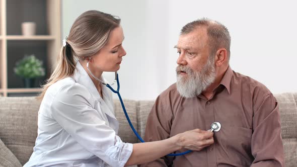 Elderly Man at Regular Medical Checking with Therapist Worried Chronic Aged Disease Health Problem