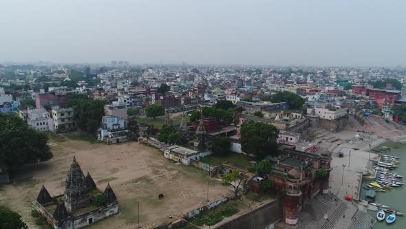 City of Varanasi or Benares in Uttar Pradesh in India seen from the sky