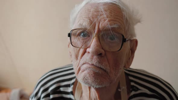 Portrait of Elderly Man 8090 Years Old Wrinkled Skin Face Looking at Camera