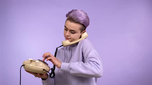 Female Person Using Rotary Telephone Dialing Number Talking Isolated