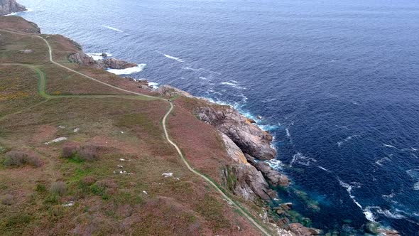 Aerial bird's eye view over an area called paper cliffs, in the area of Morás, Xove, Lugo, Galicia,