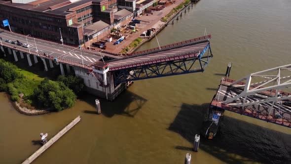 Aerial View Of Opened Alblasserdam Single-leaf Bascule Bridge For Passage Of Boats.