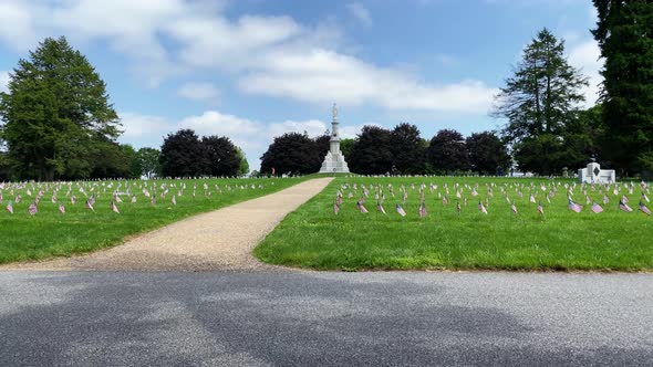 Gettysburg National Cemetery, site of Civil War military veterans, American flags blow in wind on su