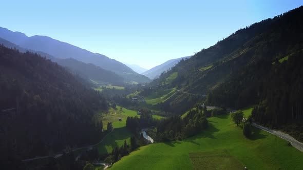 Breathtaking View of Valley Between the Austrian Alps in Sun Light