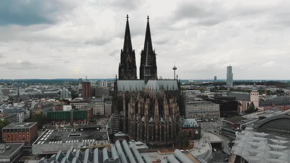 4k drone footage approaching the historical, gothic style Cathedral in Cologne, Germany