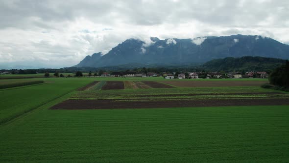 Aerial View of Green Agricultural Fields in Austria Near the Mountains in Clouds