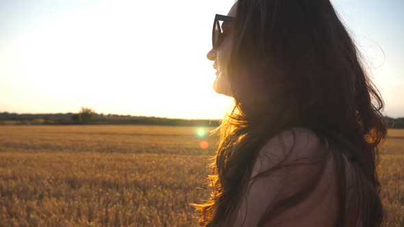 Beautiful Girl Is Walking Along Wheat Field with Sun Flare at Background. Profile of Young Woman