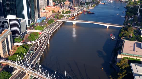 Aerial View Of Kurilpa Bridge Over Brisbane River In Central Business District Of Brisbane, Queensla