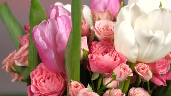 Top of Bouquet Flower with Roses and Tulips, on Red, Green, Rotation, Close Up