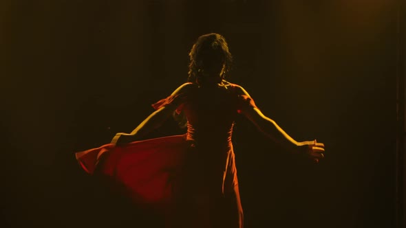 Brunette in Long Red Dress Dancing Passionate Flamenco Dance Against Background of Yellow Neon