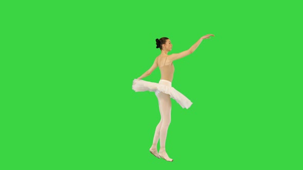 Young Ballerina Walks Demipointe Raising Arms on a Green Screen Chroma Key