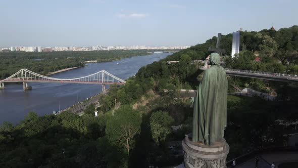 The Architecture of Kyiv. Ukraine: Monument To Volodymyr the Great. Aerial View, Slow Motion