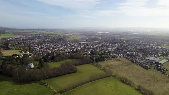 Drone Flying toward Scottish Rural Town of Blairgowrie and Rattray