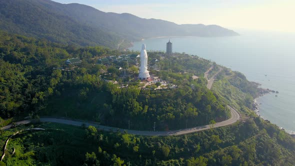 Aerial Shot of the Socalled Lady Buddha in the City of Danang