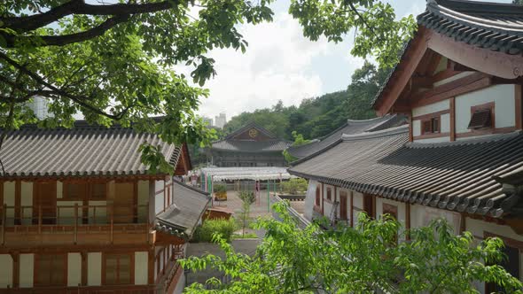 Old ancient korean traditional buildings for tourists stay in Bongeunsa Buddhist Temple in Seoul, So