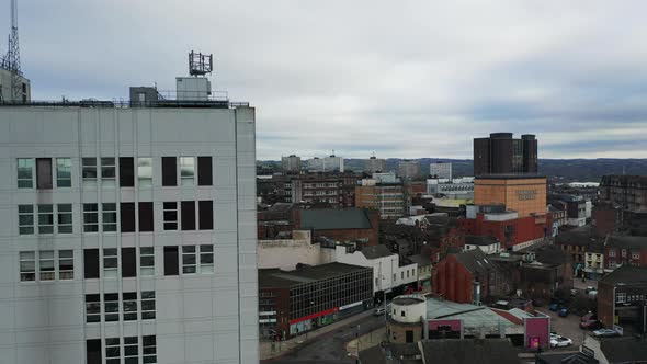 Aerial view of high rise tower blocks, flats built in the city of Hanley, Stoke on Trent to accommod