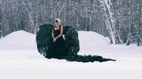 Model in Phoenix Costume with Black Wings in Winter Forest