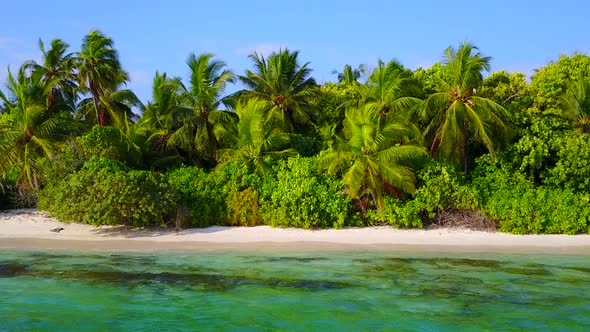 Drone aerial travel of island beach voyage by blue water and sand background