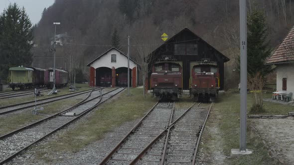 Retro Trains at a Train Depot in the Alps