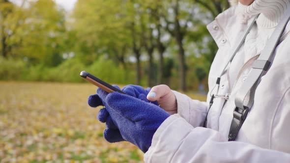 Close up hands of woman using smartphone at park in Autumn season