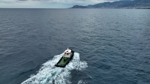 I Follow the Boat in the Open Sea Aerial View 4 k Turkey Alanya