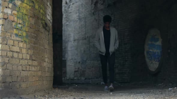 Sad Bored Young Man Walking City Alone, Street Lifestyle, Troubled Teenager