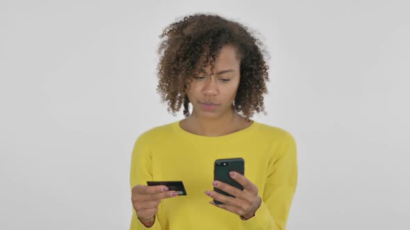 Online Shopping Failure on Smartphone By African Woman on White Background