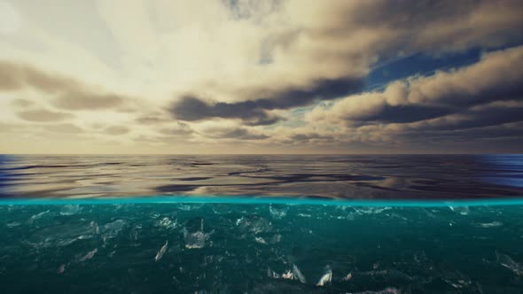 Split View Over and Under Water in the Caribbean Sea with Clouds