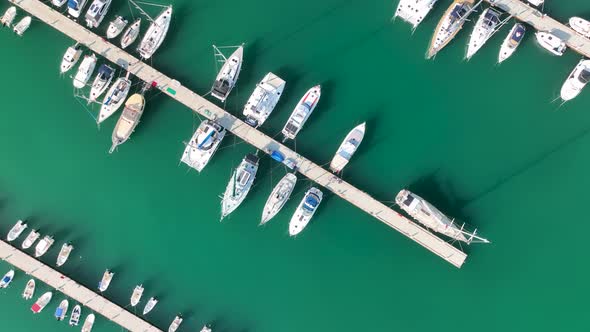 Yachts in the port aerial view 4 K Alanya Turkey