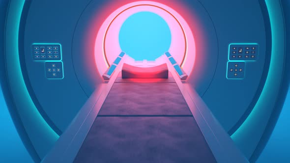 MRI scanner in empty clean room. Blue and red LED lighting. Diagnosis, radiology