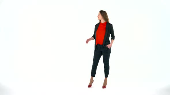 Womanl in the Studio on a White Background Shows Gestures