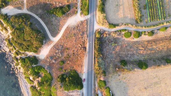 Aerial panoramic drone view of a road in the hinterland of Sardinia, Italy