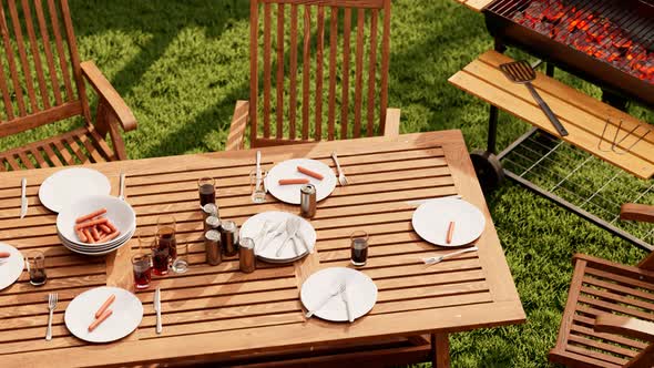 Unpacking garden party set. Barbeque.  Grill,table, chairs. Time to relax.Picnic