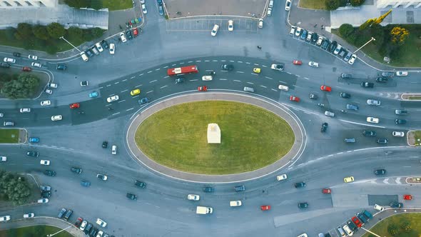 Traffic On Busy Roundabout In Rome Italy At Daytime  Aerial Topdown Static Shot