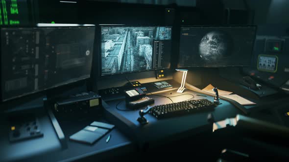 Advanced Surveillance Drone Tech On Monitor In Spy Intelligence Control Room alt