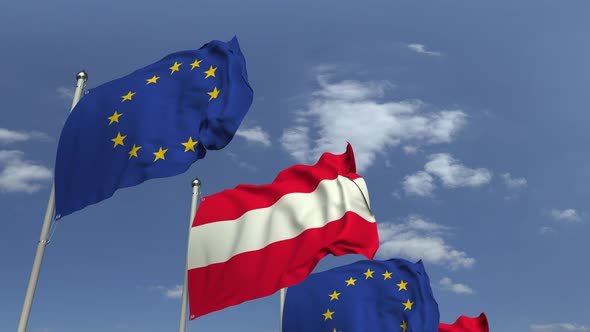 Waving Flags of Austria and the EU on Sky Background alt