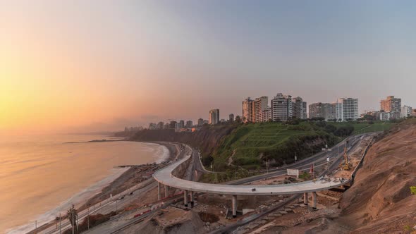 Aerial View of Lima's Coastline in the Neighborhood of Miraflores During Sunset Timelapse Lima Peru