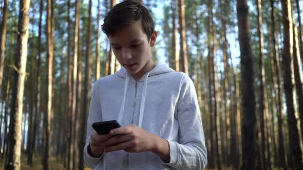 Young Boy Texting on Smartphone Standing on Pine Woods