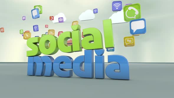 Social Media Sign Colorful Backround Icons of Likes and Tweets, 3d Text Letters