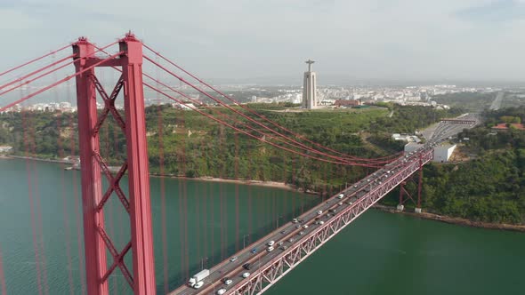 Aerial Drone View of Southern End of 25Th of April Bridge Connecting Lisbon and Almada