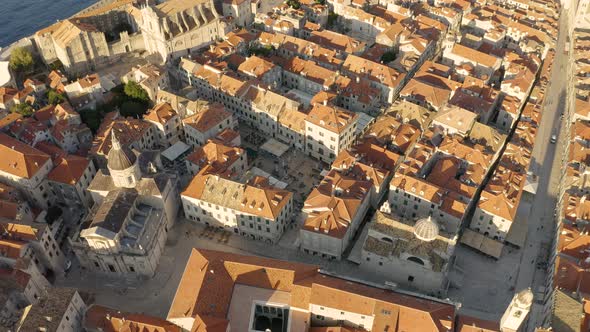 Aerial view above of Dubrovnik old town rooftop, Croatia.