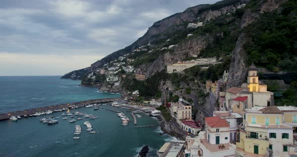 Picturesque Seaside Towns Of Amalfi Coast On Sorrentine Peninsula, Campania Region In Italy. Aerial