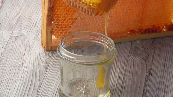 Closeup of the Fresh Honey Flowing Into the Glass Jar From the Honeycombs