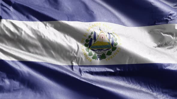 El Salvador textile flag waving on the wind. Slow motion. 20 seconds loop.